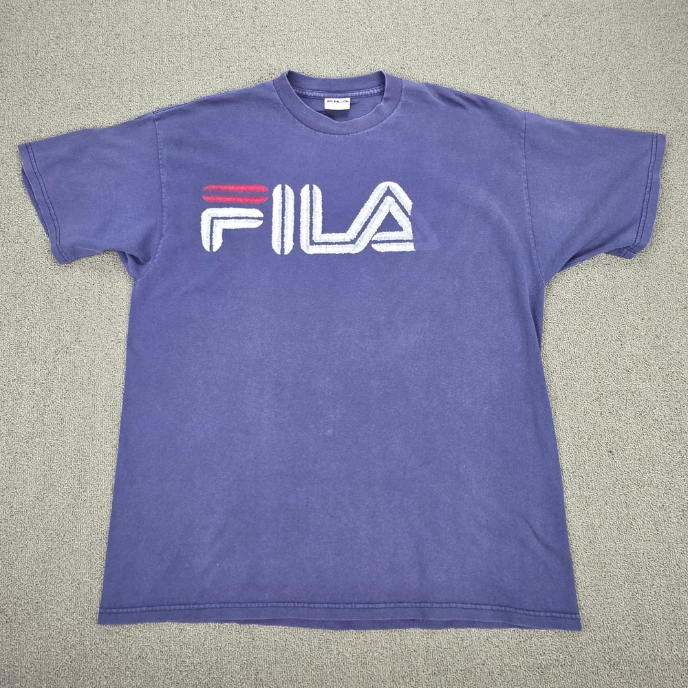 Vintage Fila T-Shirt Mens Large Blue Made in USA Puff Print Logo Graphic Tee